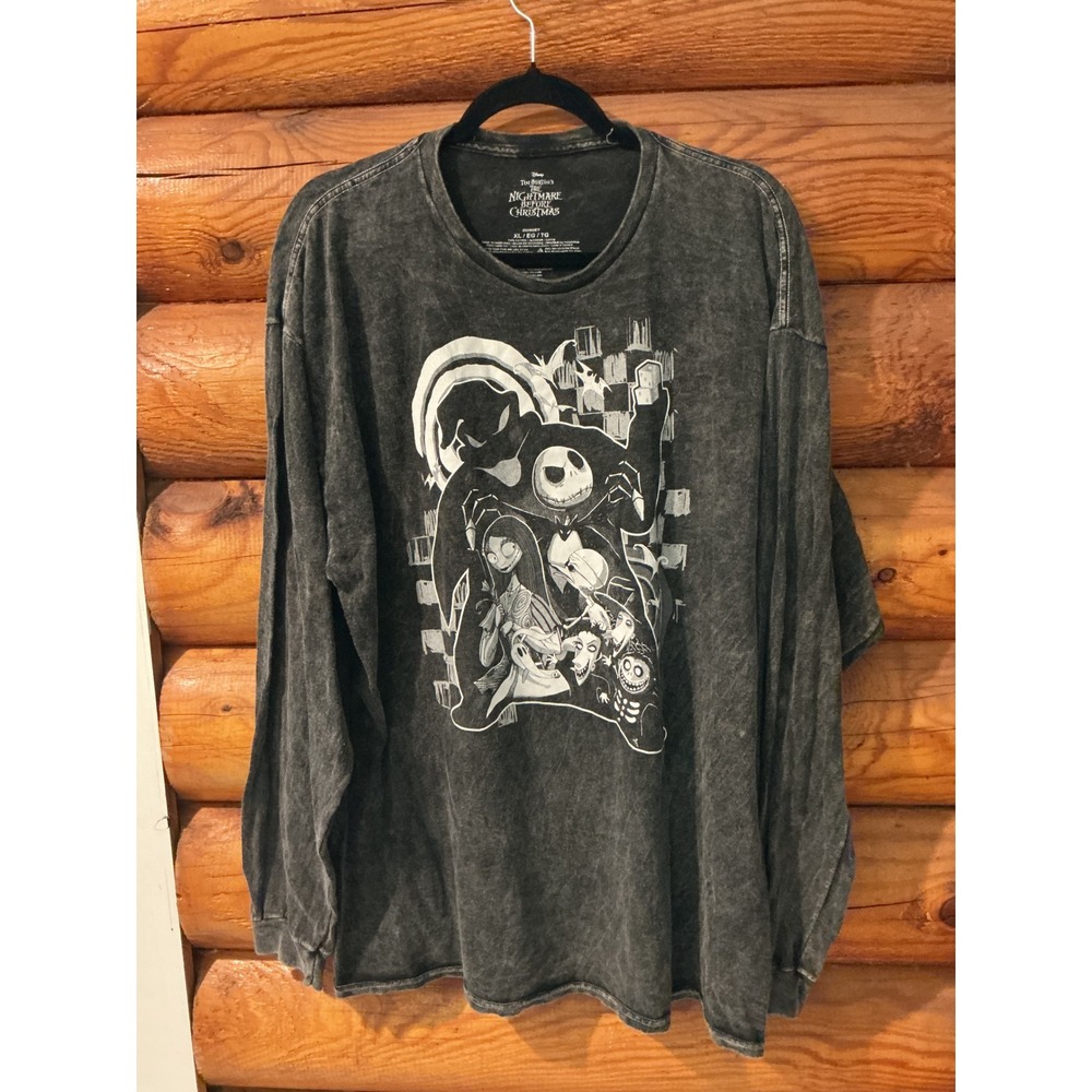Disney Nightmare Before Christmas Acid Wash Long Sleeve Graphic Tee Mens XL Gray